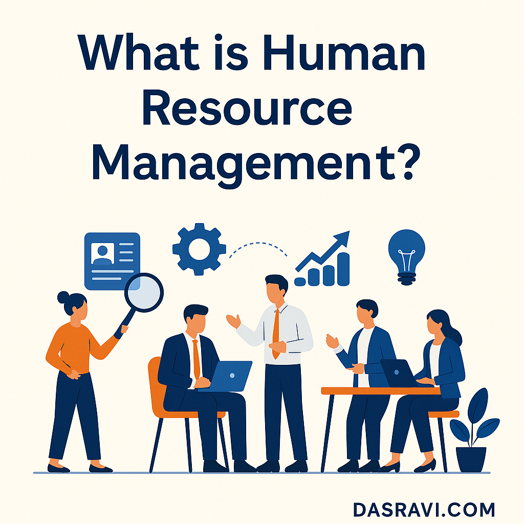 "Illustration of Human Resource Management showing diverse professionals and key HR functions for a blog on DASRAVI.COM"
